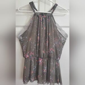 Sheer Floral‎ and Gray Women's Sleeveless Halter Top, Clarity Size L